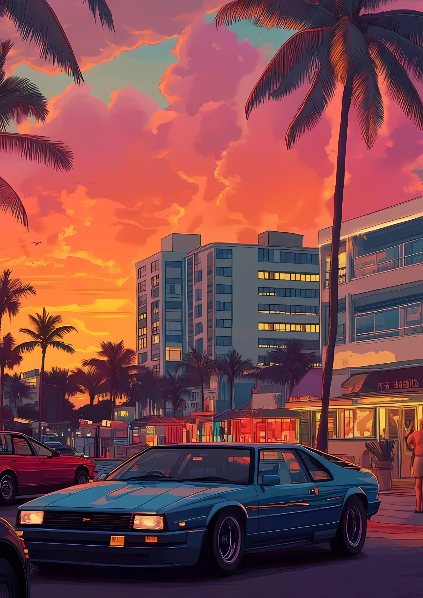 Surreal cityscape with a blue car, palm trees, and a vibrant sunset.